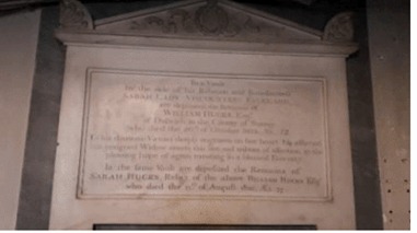 Memorial plaque associated with Sarah, Lady Viscountess Falkland at St Mary’s Church, Widford